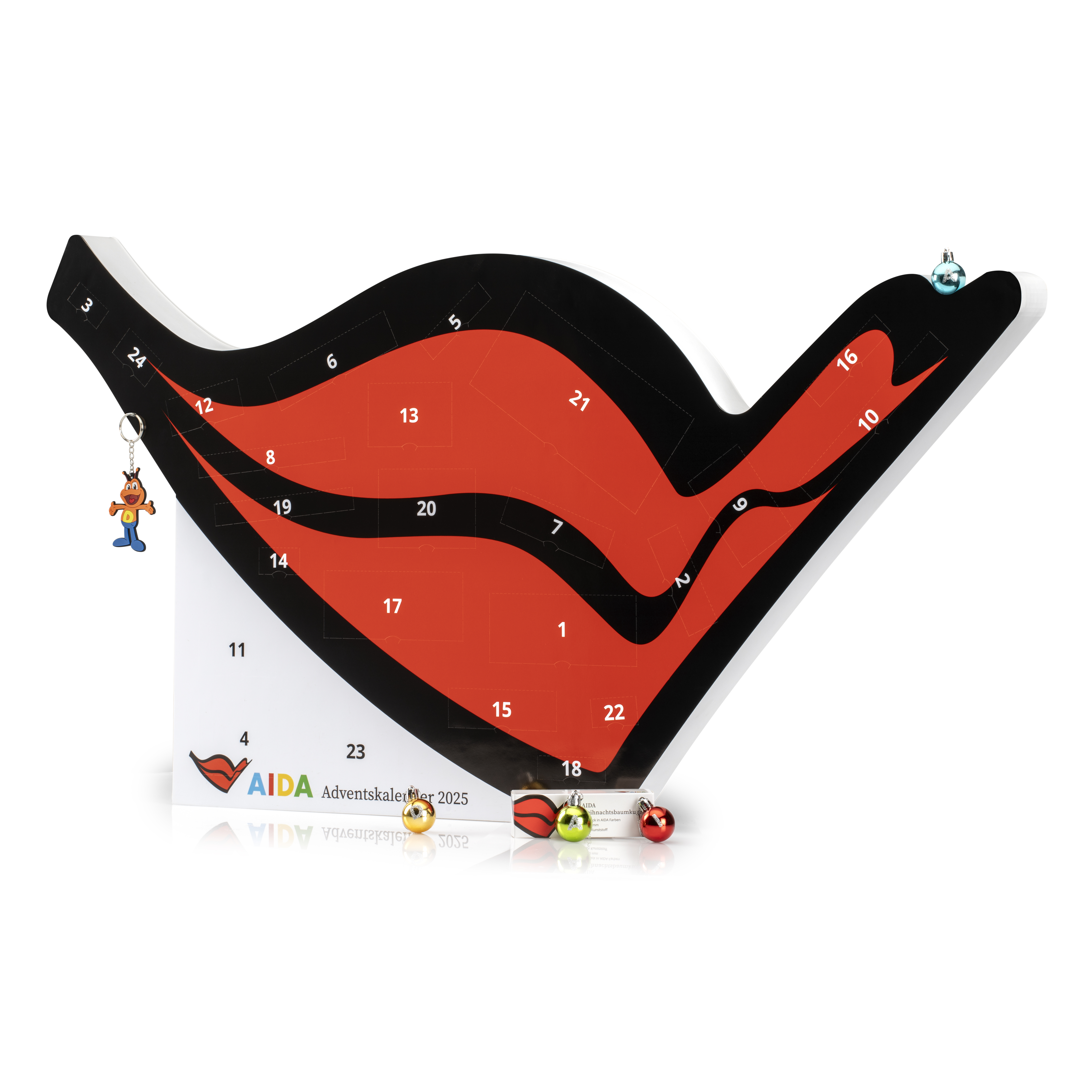 AIDA Adventskalender in Form eines stilisierten Kussmunds, rot mit schwarzen Konturen und weißen Zahlen auf 24 Türchen, verpackt in weißer Kartonage.